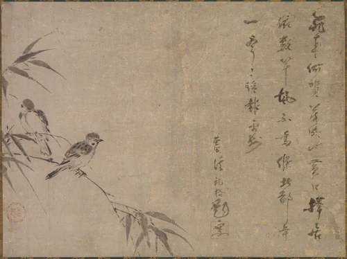 Sparrows and Bamboo by Shiken Saidō, painting, 1525-1599
