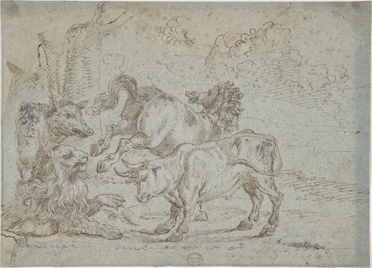 Horse, Bull, Lion, and Boar by anonymous, drawing, 1600-1700