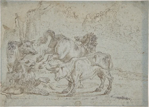 Horse, Bull, Lion, and Boar by anonymous, drawing, 1600-1700