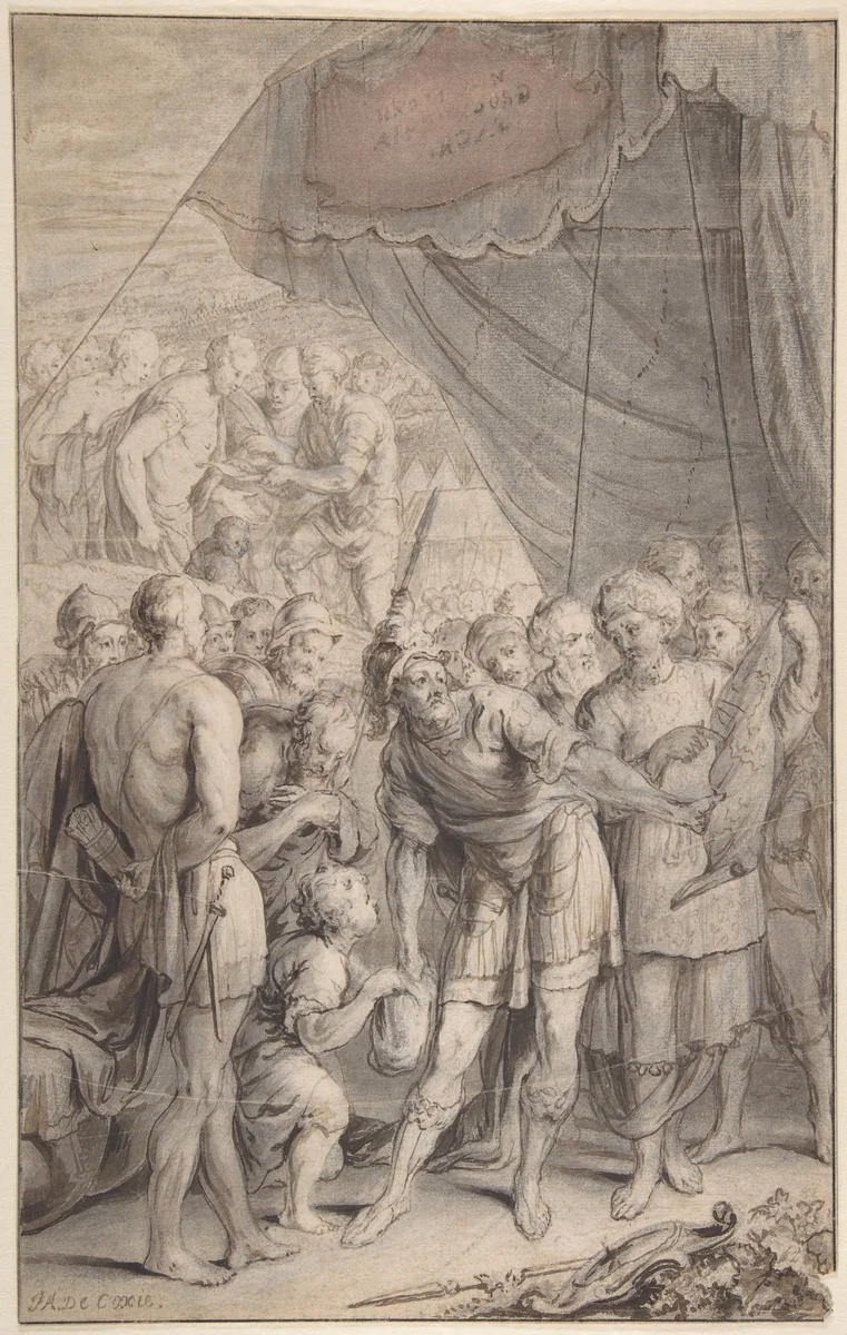 Design for a Title Page: A General and His Army Looking at a Map by Jan Antoine Coxie, drawing, 1665-1720