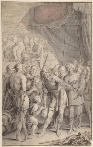 Design for a Title Page: A General and His Army Looking at a Map by Jan Antoine Coxie, drawing, 1665-1720