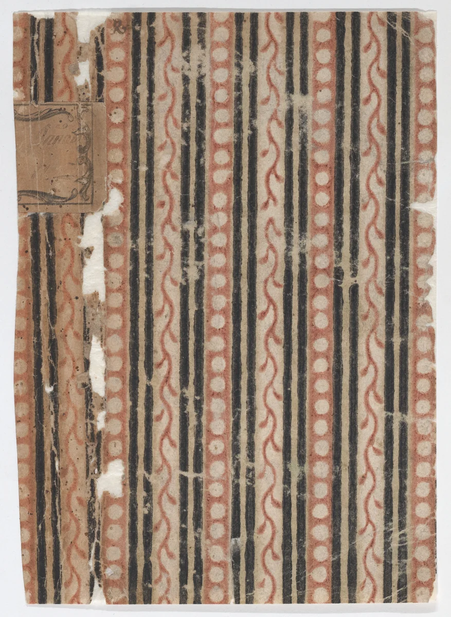 Right side of a book cover with pattern of stripes, vines, and dots by anonymous, print, 1800-1900