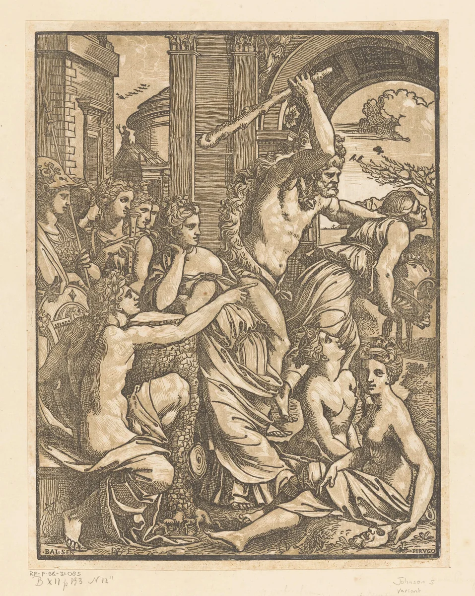 Hebzucht verdreven uit de tempel van de Muzen by Unknown, print, 1502-1532