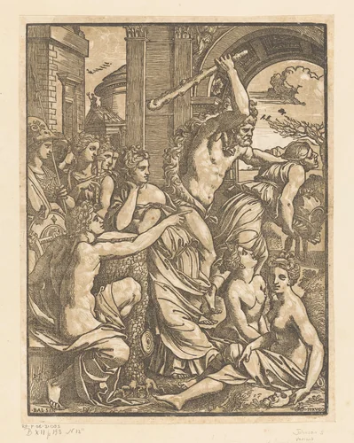 Hebzucht verdreven uit de tempel van de Muzen by Unknown, print, 1502-1532
