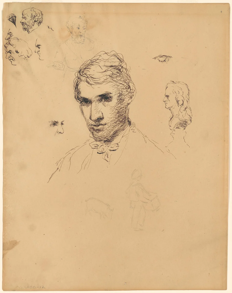 Head of a Man, with Various Studies by Sanford Robinson Gifford, drawing, 1845-1855