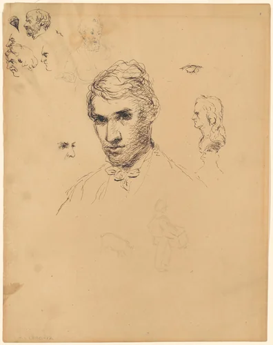 Head of a Man, with Various Studies by Sanford Robinson Gifford, drawing, 1845-1855