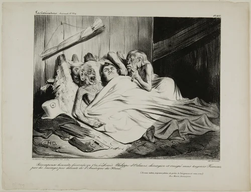 A Fair Reward Presented in 1800 by the Un-Prudish Savages of North America to Louis-Philippe of Orléans, surgeon and expatriate, but still a Frenchman. (I salute you, gracious Black Lady, the Lord is with you.) A Namaquan Ave Maria, plate 466 by Honoré-Victorin Daumier, print, 1835