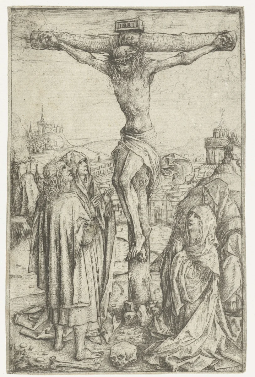 De kruisiging met Maria en de H. Johannes en twee heilige vrouwen by Meester van het Amsterdamse Kabinet, print, 1490