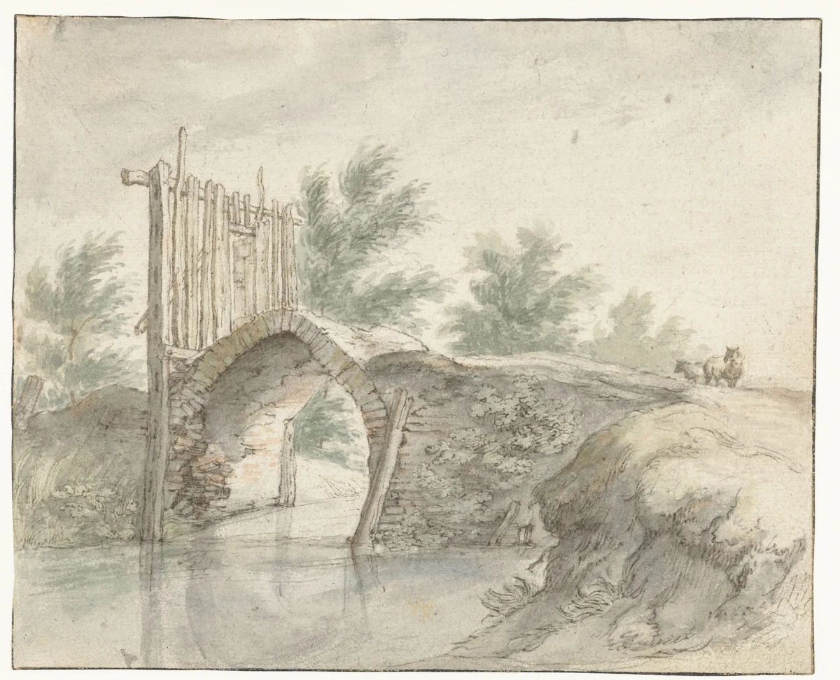 Stenen brug met een houten hek by Abraham Bloemaert, drawing, 1571-1651
