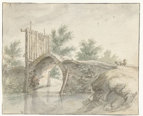 Stenen brug met een houten hek by Abraham Bloemaert, drawing, 1571-1651
