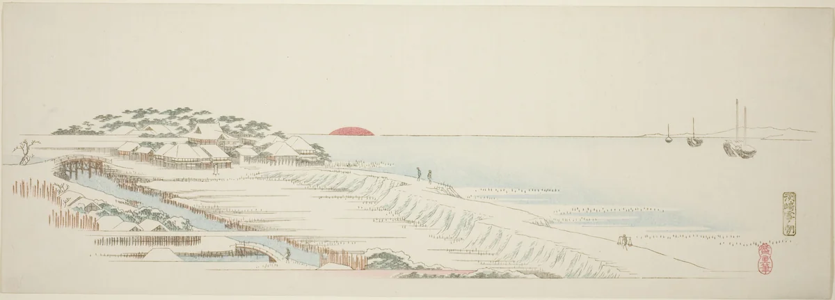 Morning Snow at Susaki (Susaki yuki no asa), from the series "Thirteen Views of the Environs of Edo" by Utagawa Hiroshige (歌川広重), print, 1832-1849
