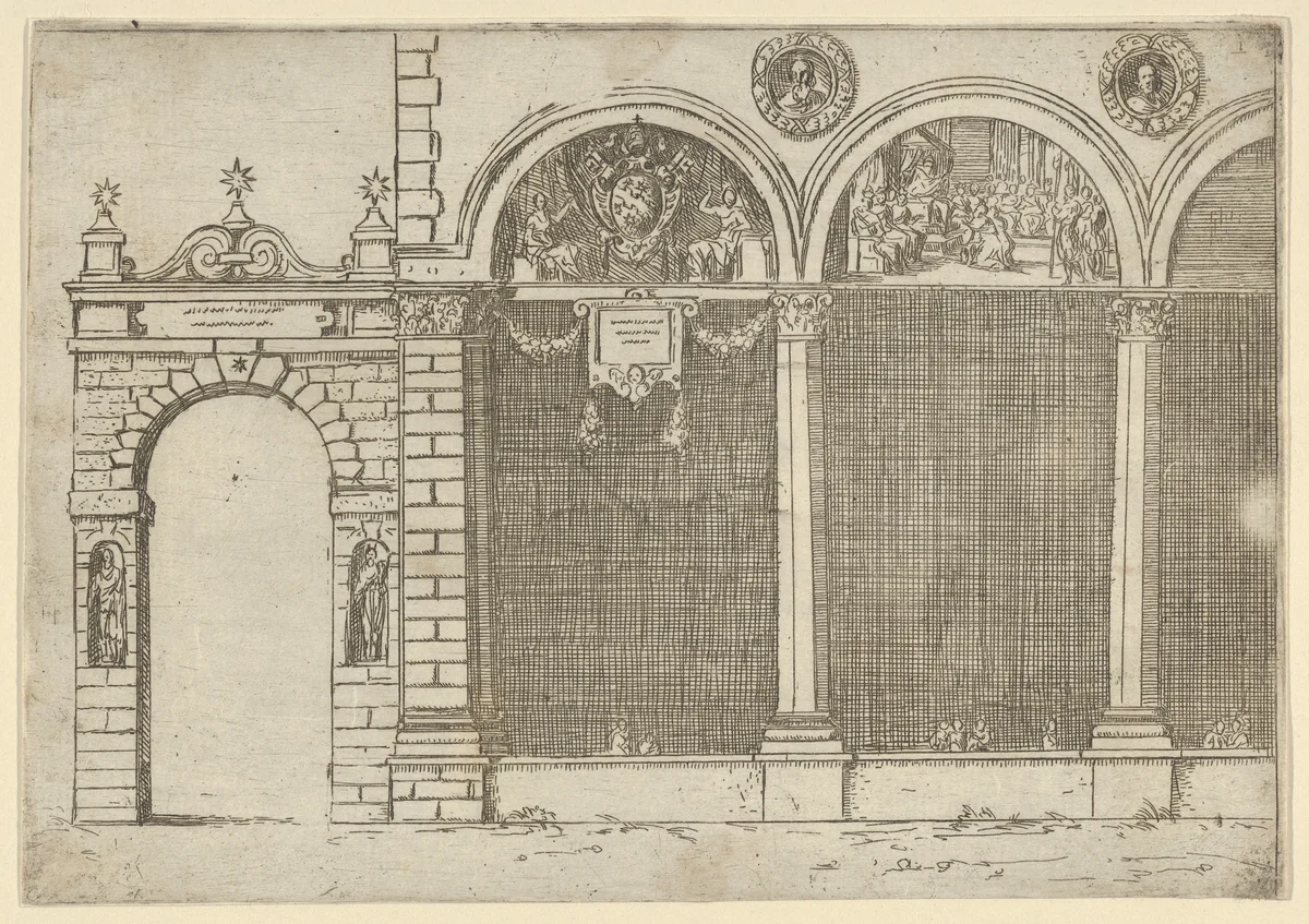 The arcade of the palace of the Archbishop of Bologna with temporary decorations for the entry of Pope Clement VIII in Bologna in 1598 by Guido Reni, print, 1598