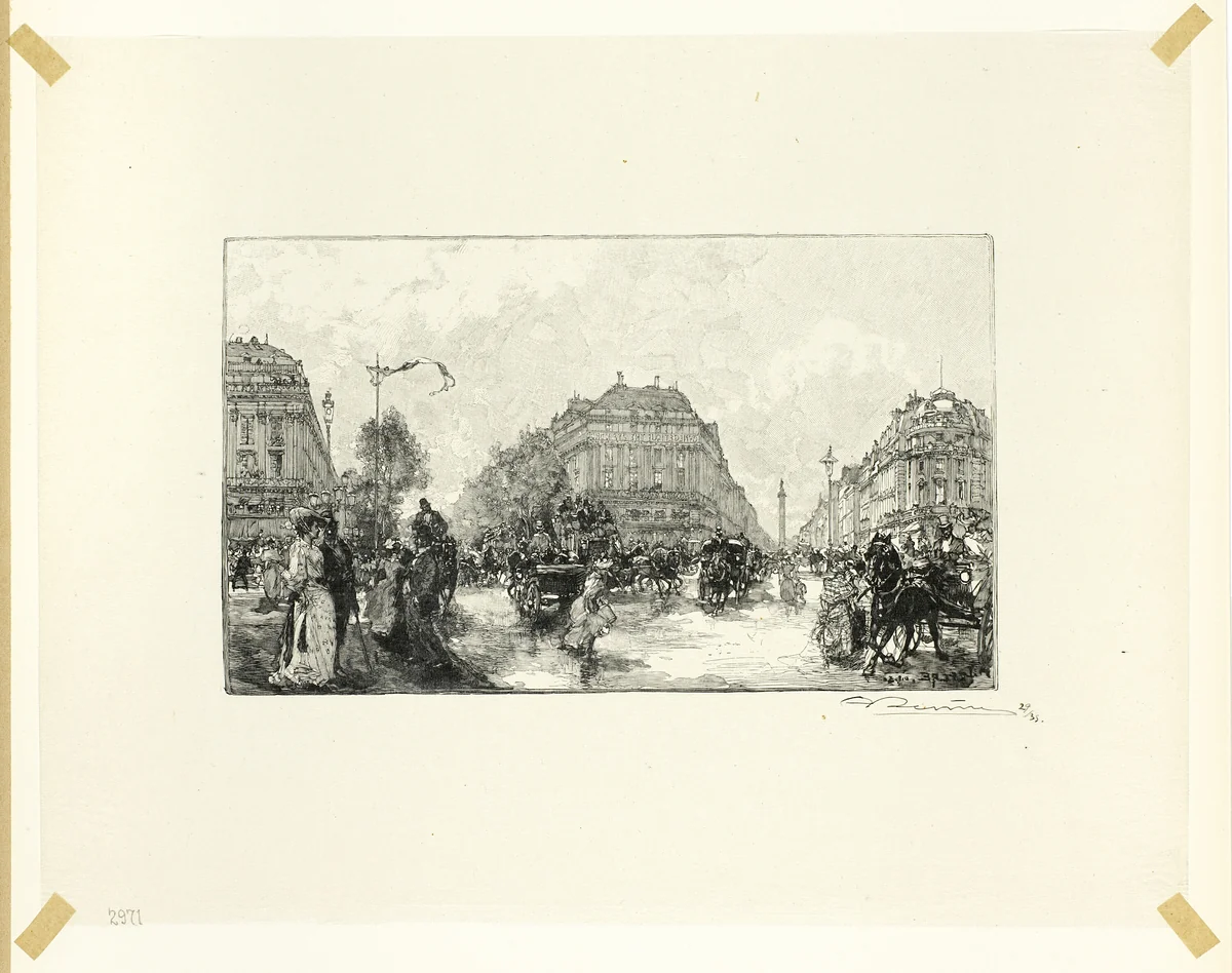 Place de l'Opéra, plate seventeen from Le Long de la Seine et des Boulevards by Louis Auguste Lepère, print, 1890