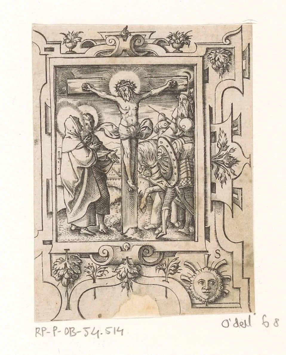 Kruisiging van Christus in een rolwerk omlijsting by Unknown, print, 1568