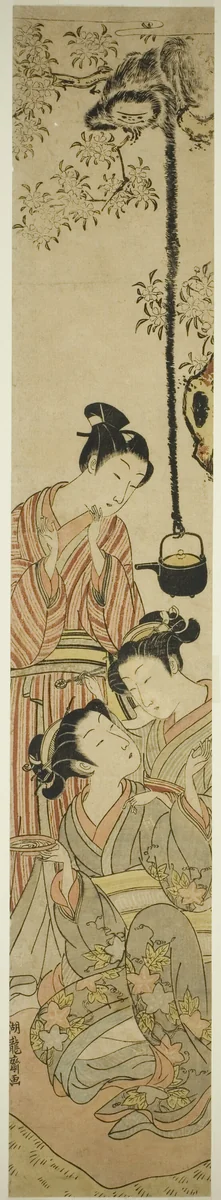 Gibbon snatching sake pot from flower-viewing party by Isoda Koryusai, print, 1767-1777