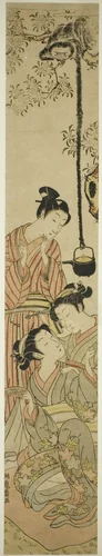 Gibbon snatching sake pot from flower-viewing party by Isoda Koryusai, print, 1767-1777