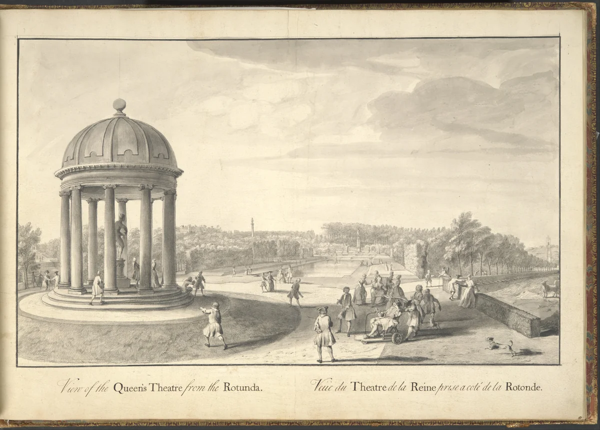 View of the Queen's Theatre from the Rotunda at Stowe, Buckinghamshire by Jacques Rigaud, drawing, 1733-1734