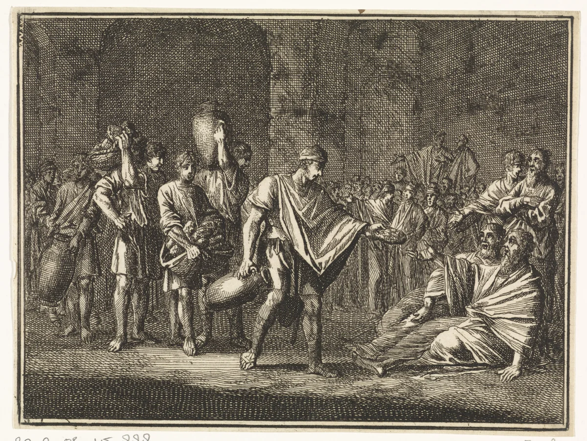 Obadja voedt honderd profeten in een grot by Caspar Luyken, print, 1712