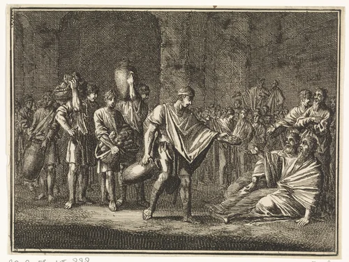 Obadja voedt honderd profeten in een grot by Caspar Luyken, print, 1712