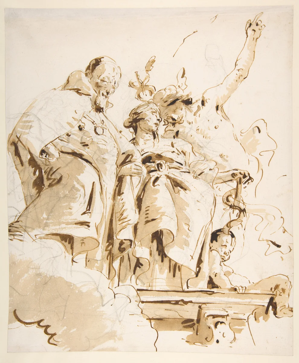 Aged Dignitary Attended by Mercury and Prudence by Giovanni Battista Tiepolo, drawing, 1696-1770