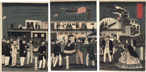 Arrival and Departure of an American Steamship (Amerikakoku jokisha orai) by Utagawa Yoshikazu, print, 1861