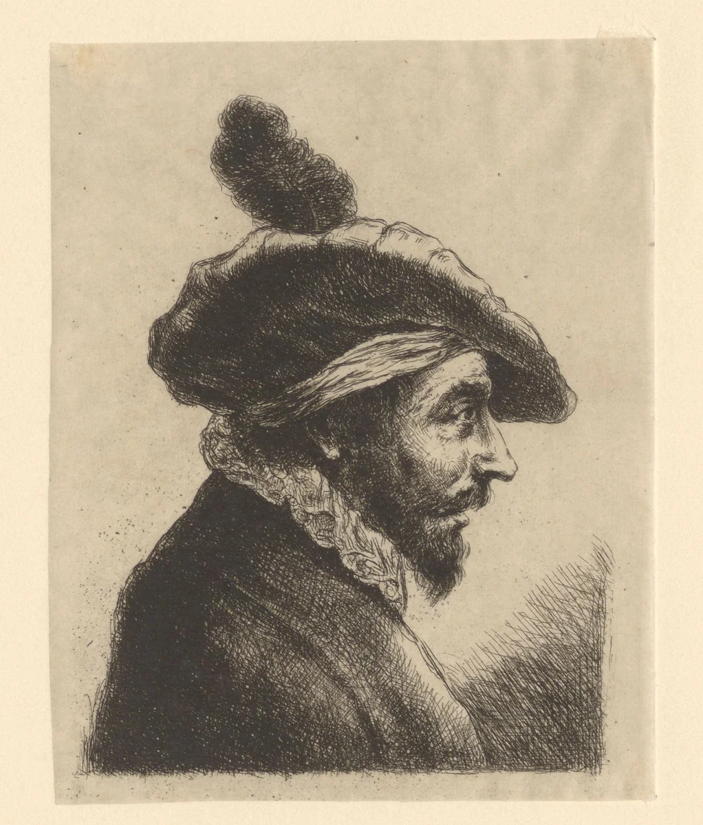 Portret van onbekende man in profiel met breedgerande hoed met veer by Thomas Worlidge, print, 1710-1766