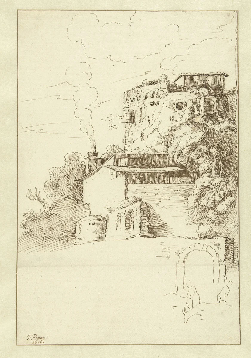 A Round Tower and Buildings by Jacob Symonsz Pynas, drawing, 1616