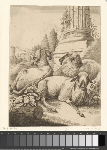 Twee schapen en een ram bij voet van een zuil by anonymous, print, 1670