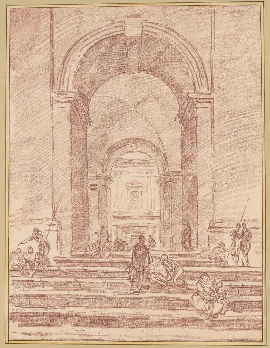 Figures in a Roman Arcade by Hubert Robert, drawing, 1763