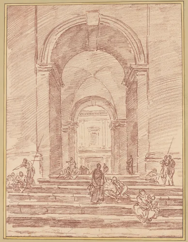 Figures in a Roman Arcade by Hubert Robert, drawing, 1763