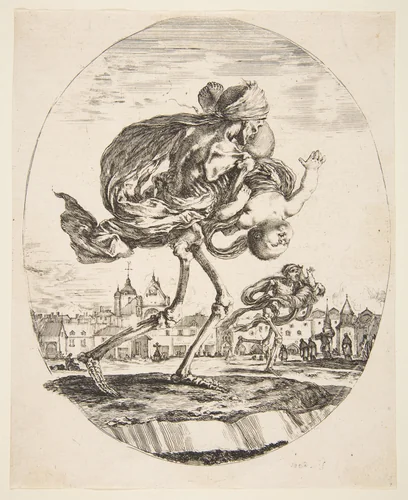 Death Carrying an Infant, from 'The five deaths' (Les cinq Morts) by Stefano della Bella, print, 1600-1700