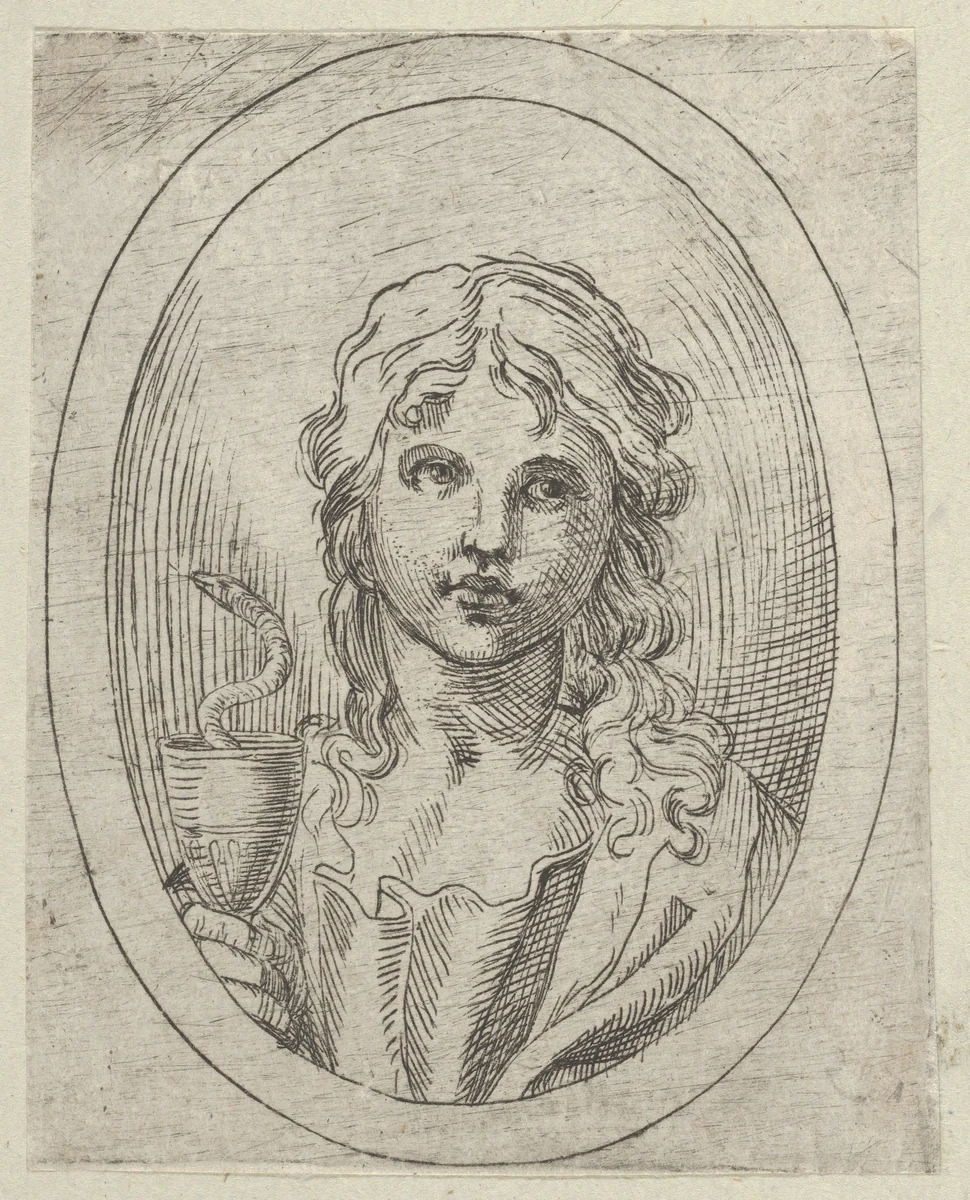 Saint John the Evangelist holding a goblet with a snake emerging from it, from "Christ, the Virgin, and Thirteen Apostles" by anonymous, print, 1595-1645