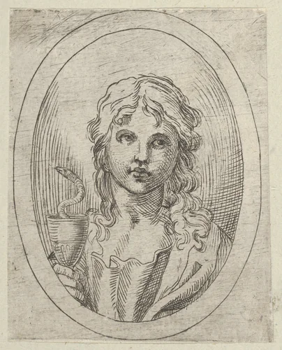Saint John the Evangelist holding a goblet with a snake emerging from it, from "Christ, the Virgin, and Thirteen Apostles" by anonymous, print, 1595-1645