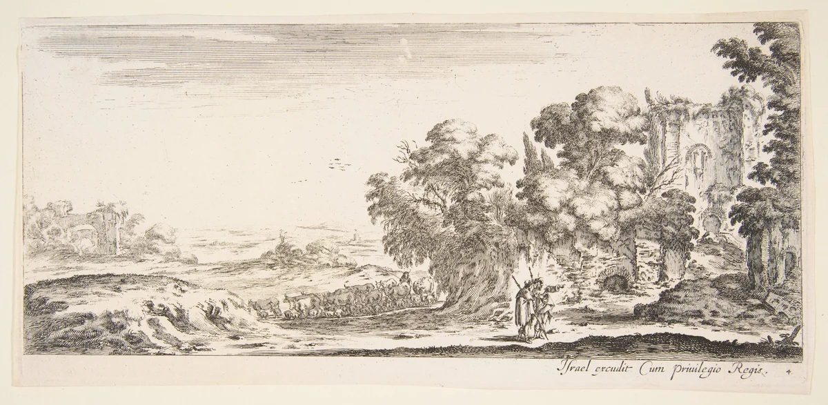 Plate 4: two pilgrims observing ruins to right, one pointing towards the right, a shepherd and a herd of cattle in center background, from 'Various landscapes' (Divers paysages) by Stefano della Bella, print, 1636-1646