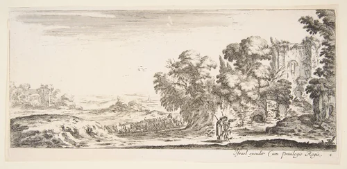 Plate 4: two pilgrims observing ruins to right, one pointing towards the right, a shepherd and a herd of cattle in center background, from 'Various landscapes' (Divers paysages) by Stefano della Bella, print, 1636-1646
