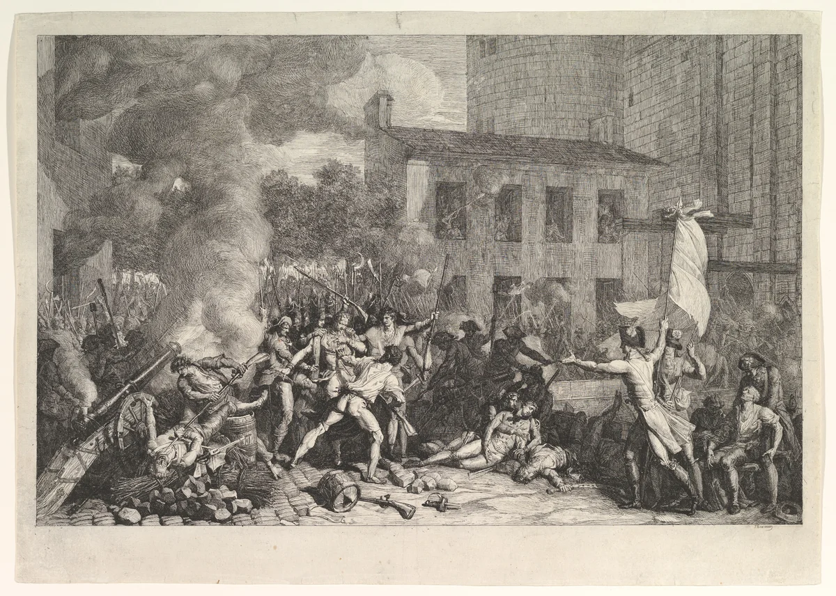 The Storming of the Bastille on 14 July 1789 (Prise de la Bastille le 14 juillet 1789) by Charles Thévenin, print, 1788-1798