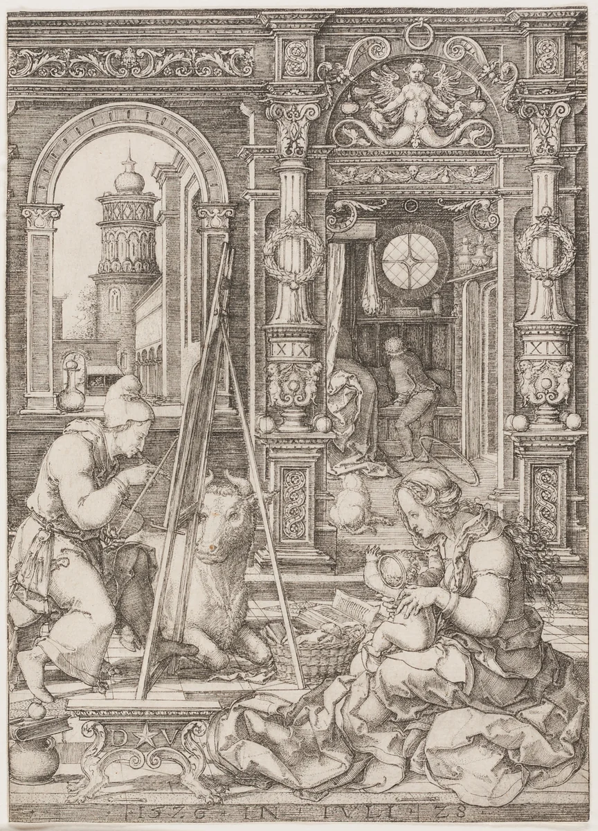 Saint Luke Painting the Virgin and Child by Dirk Vellert, print, 1526