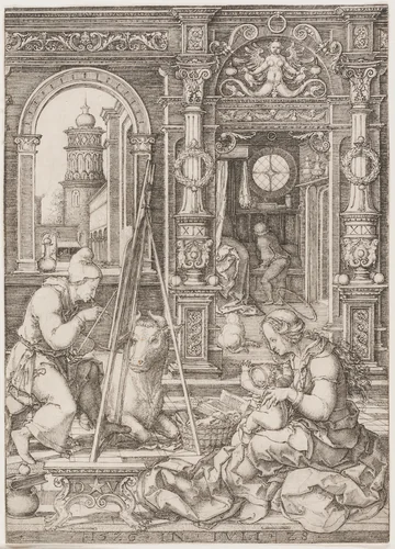 Saint Luke Painting the Virgin and Child by Dirk Vellert, print, 1526