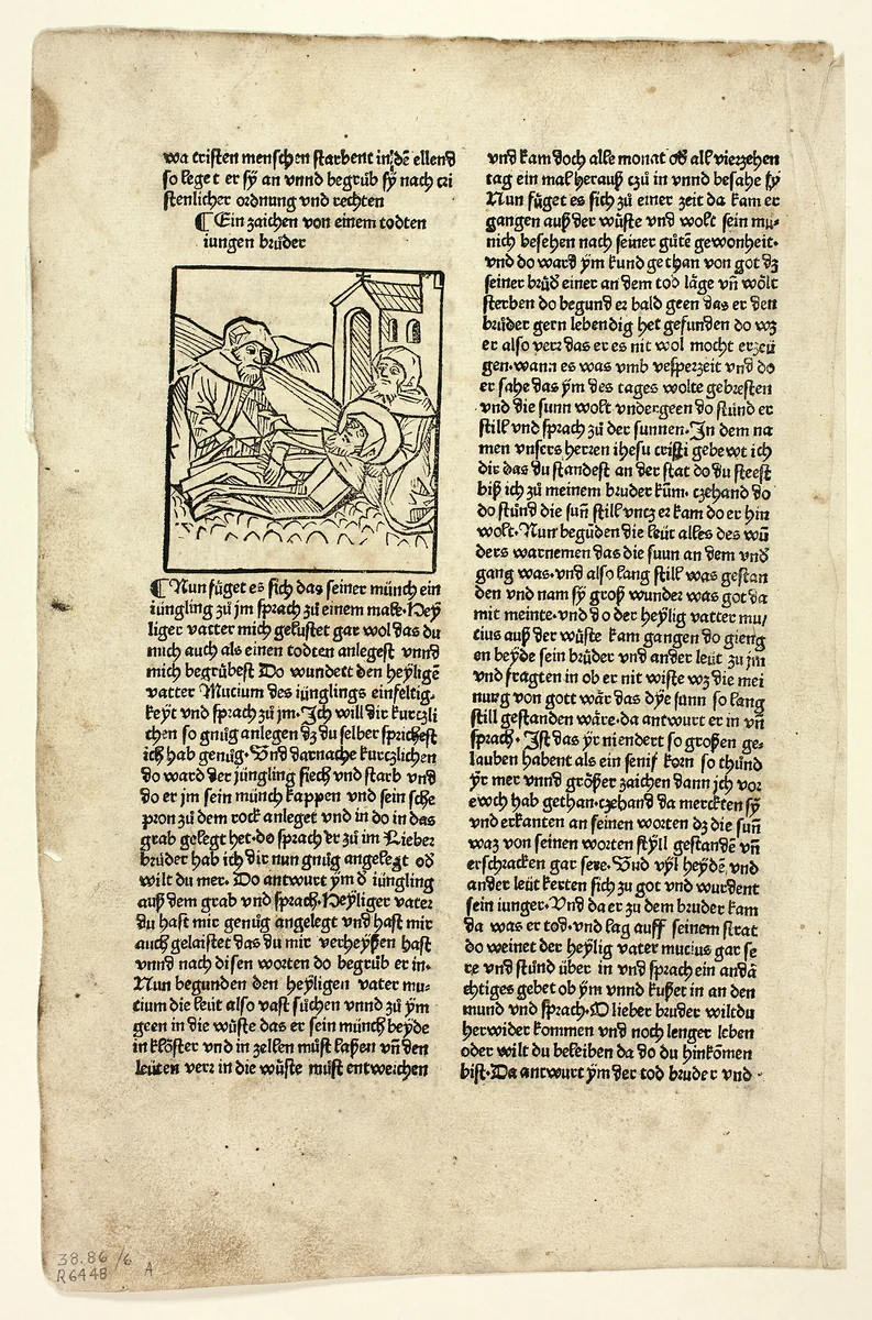 A Token from a Dead Young Brother (recto) and Father Mucius in His Cell (verso) from Altvaeterleben (Life of the Patriarchs), Plate 6 from Woodcuts from Books of the 15th Century by Peter Berger, print, 1488