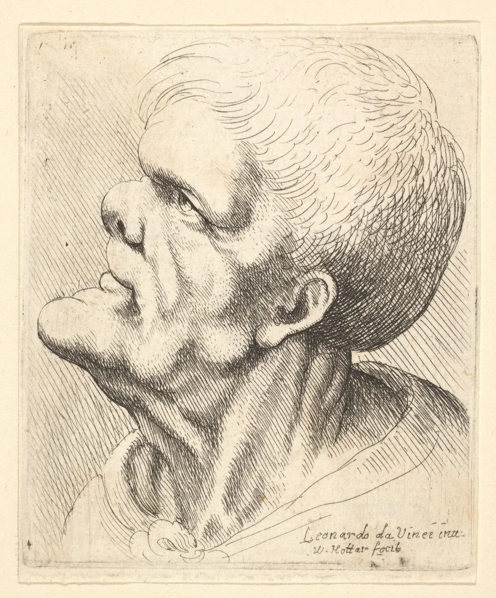 Head of a man with protruding chin and snub nose looking upwards in profile to left by Wenceslaus Hollar, print, 1644-1652