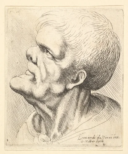 Head of a man with protruding chin and snub nose looking upwards in profile to left by Wenceslaus Hollar, print, 1644-1652