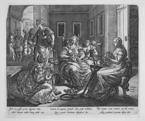 Lucretia and Her Women Spinning by Hendrick Goltzius, print, 1578-1579