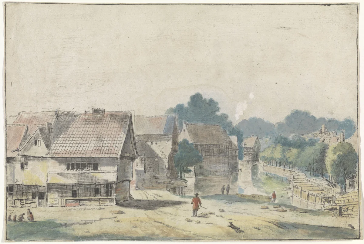Gezicht in een dorp met huizen met vakwerk by Hendrik Spilman, print, 1742-1784