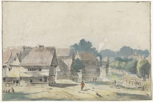Gezicht in een dorp met huizen met vakwerk by Hendrik Spilman, print, 1742-1784