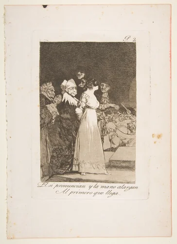 Plate 2 from "Los Caprichos": They say yes and give their hand to the first comer (El si pronuncian y la mano alargen al primero que llega) by Goya, print, 1799