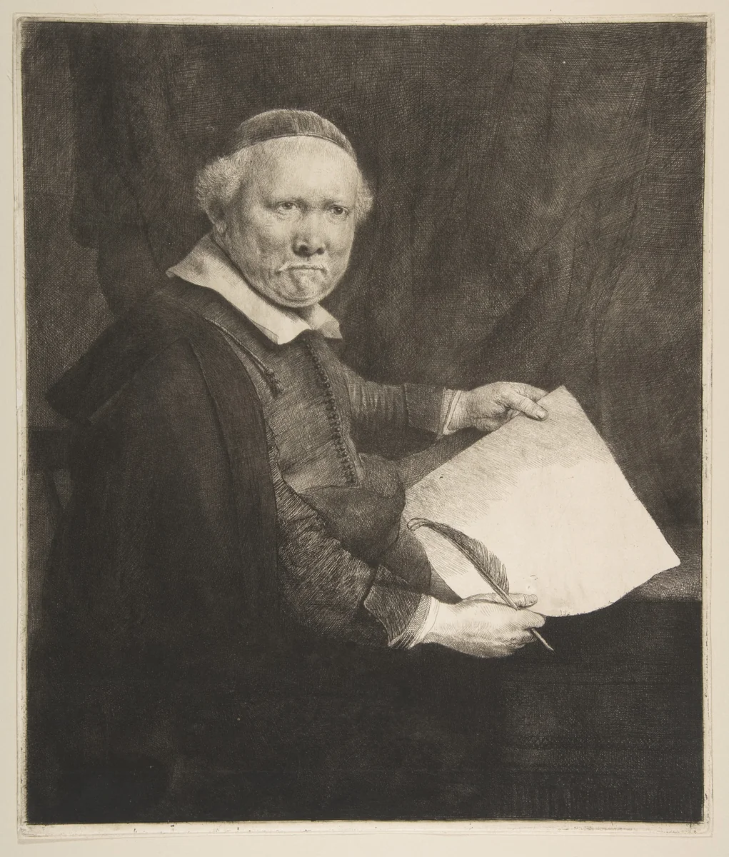 Portrait of Lieven Willemsz van Coppenol, Writing Master (the larger plate) by Rembrandt van Rijn, print, 1658
