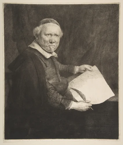 Portrait of Lieven Willemsz van Coppenol, Writing Master (the larger plate) by Rembrandt van Rijn, print, 1658