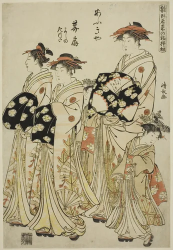 The Courtesan Hanaogi of the Ogiya with Her Attendants Yoshino and Tatsuta, from the series "Models for Fashion: New Designs as Fresh as Young Leaves (Hinagata wakana no hatsu moyo)" by Torii Kiyonaga (鳥居清長), print, 1776-1786