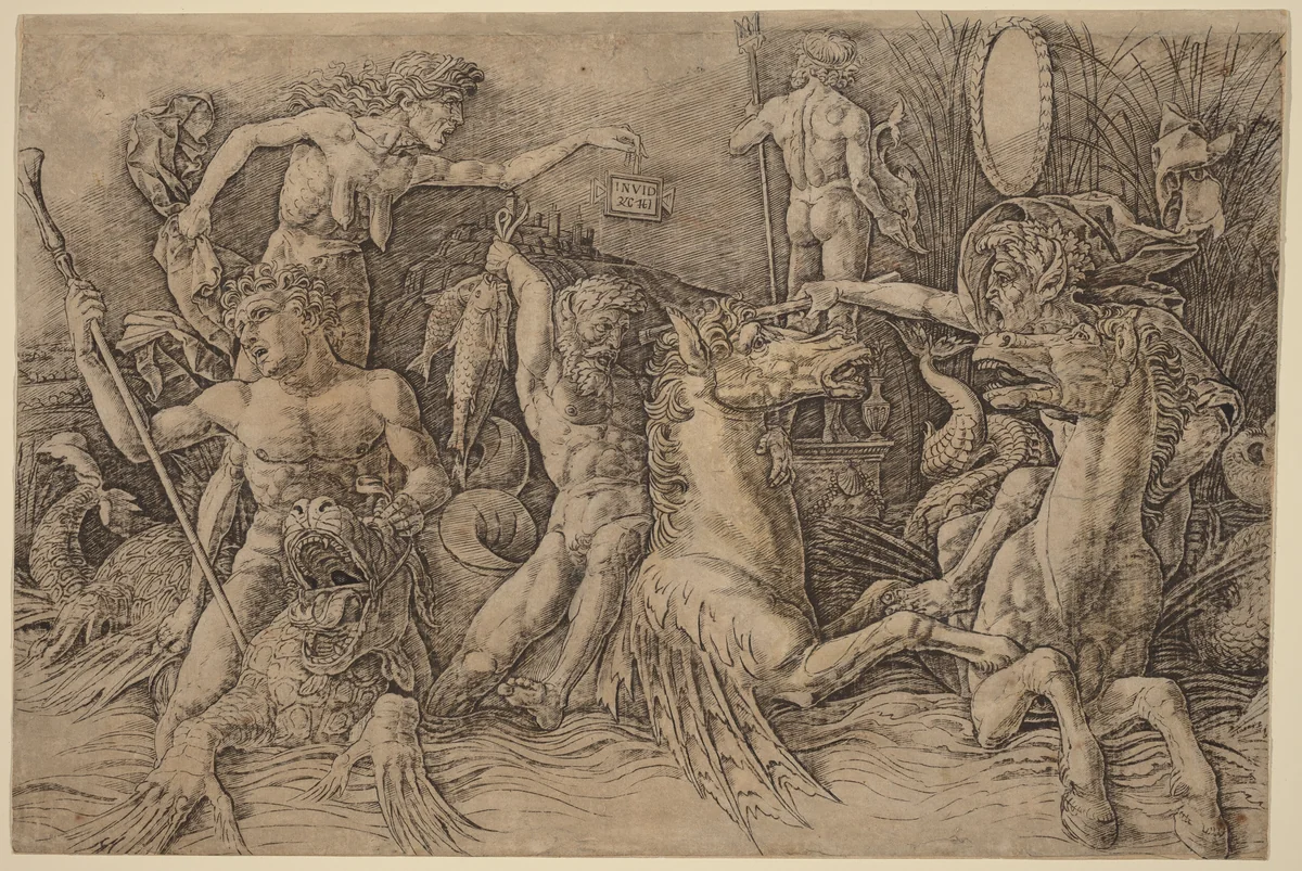 Battle of the Sea Gods [left half] by Andrea Mantegna, print, 1481
