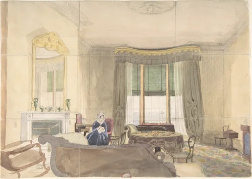 Drawing Room with Seated Woman by anonymous, drawing, 1848